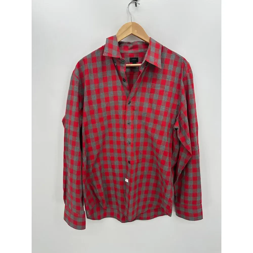 J.Crew Button Up Mens Shirt‎ Large Red Gray Plaid Casual Long Sleeve Cotton